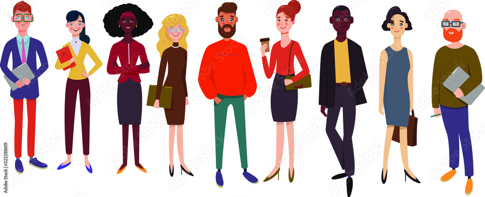 International business team. A group of businessman and businesswoman, worldwide, large diverse group of office workers standing smiling. Modern flat vector illustration. International business team. A group of businessman and businesswoman, worldwide, large diverse group of office workers standing smiling. Modern flat vector illustration.