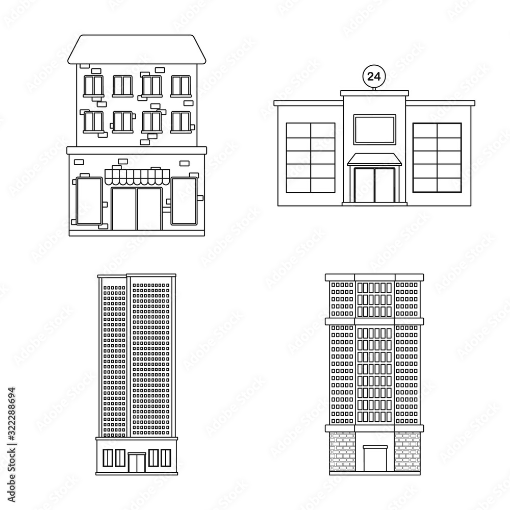 Vector design of architecture and exterior sign. Collection of architecture and city stock symbol for web.