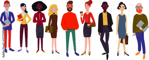 International business team. A group of  businessman and businesswoman, worldwide, large diverse group of office workers standing smiling. Modern flat vector illustration.
