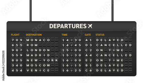 Scoreboard mechanical flip font. Realistic equipment board template for departures and arrivals flight. Flipping departure status. Alphabet, numbers display board isolated on dark background vector.