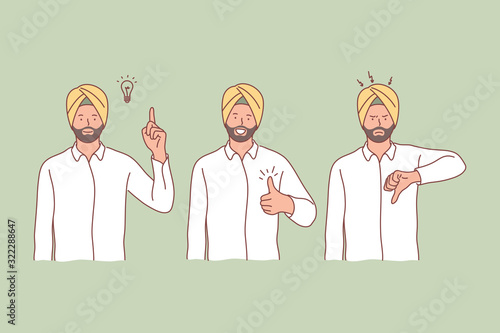 Hindu, idea, like, dislike set concept. Excited hindu in turban got genius idea. Happy hindoo man shows like sign. Angry disappointed guy indian shows dislike. Emotional collection Simple flat vector