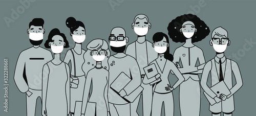 people wearing face masks, air pollution, contaminated air, world pollution, gas mask, flu, grippe . Modern flat vector illustration.