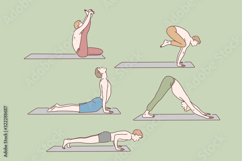Healthcare, yoga exercises set concept. Group of young men do yoga exercises. Flexible boys care about their health, using different postures or asanas to reach harmony. Simple flat vector