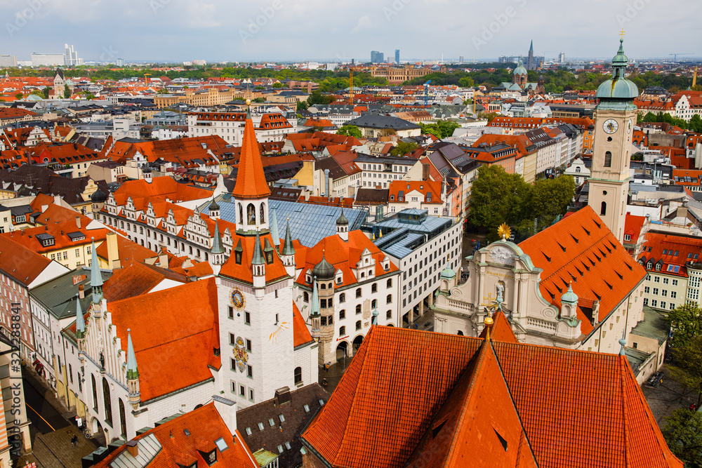 MUNICH, GERMANY - MAY 5, 2019: The top of view from the tower on central old square Marienplatz of Munich.