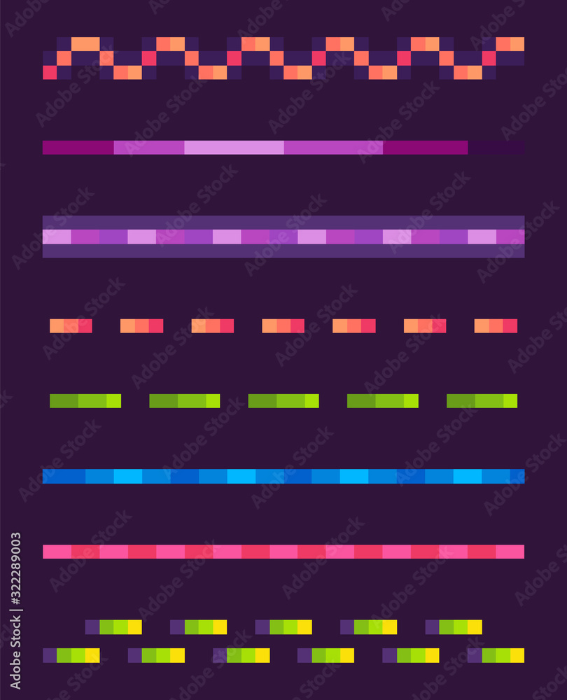 Set of colorful lines on purple, neon dotted and wavy-line, shooting element of space pixel game, shiny laser collection, squared light or burst vector, pixelated cosmic object for mobile app games