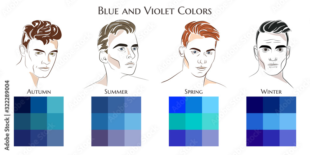 Seasonal color analysis. Vector hand drawn men with different types of