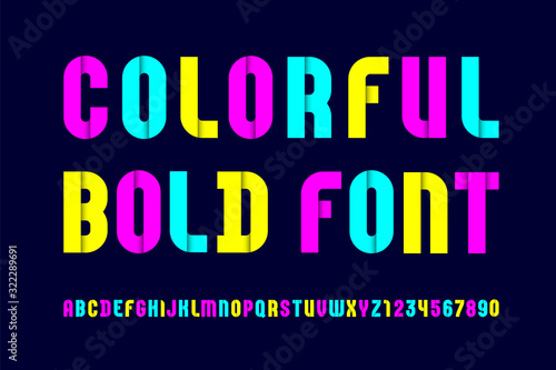 Stencil colorful font, condensed bold bright alphabet, modern geometric modular letters and numbers with shadow for your design, vector illustration