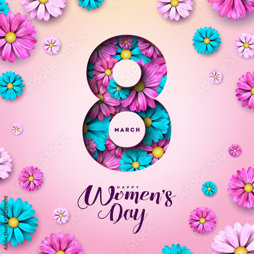 8 March. Happy Womens Day Floral Greeting card. International Holiday Illustration with Flower Design on Pink Background. Vector Spring Template.