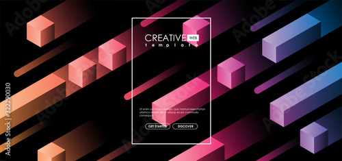geometric 3d shapes, cubes and dynamic composition for brochure or web, futuristic template. Abstract colorful geometric isometric background.