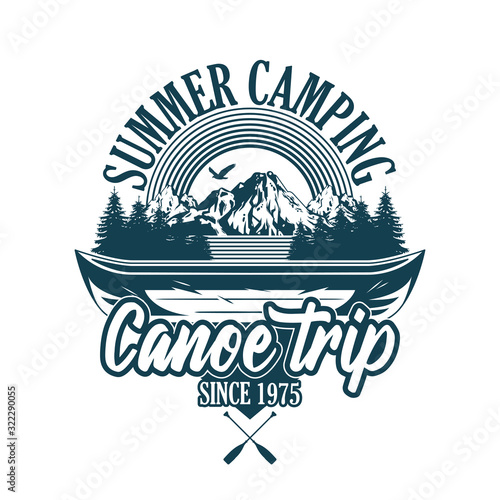 Vintage badges with wooden canoe for river trip