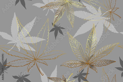 Beautiful seamless pattern of gold cannabis leaves. Pattern of gray or silver metallic marijuana leaf.