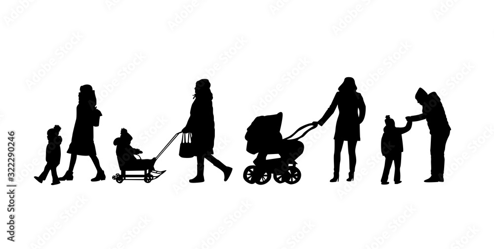 Set of silhouettes of women with children.