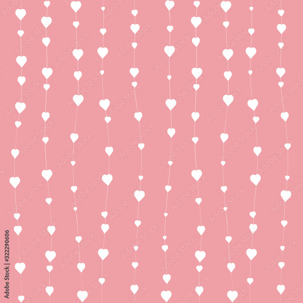 Pink background with white hearts hanging on a rope vertically Pink background with white hearts hanging on a rope vertically