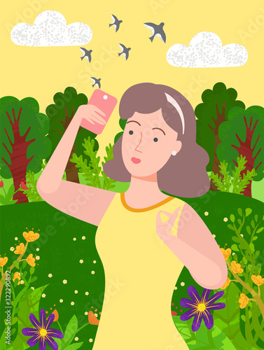 Woman on nature vector, female character flat style taking photo on smartphone. Selfie in forest with trees and flying birds, female on meadow with blossom