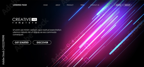 Vector background with shiny strips. Bright neon lines background with 80s style. Tech layout with Neon Rays.