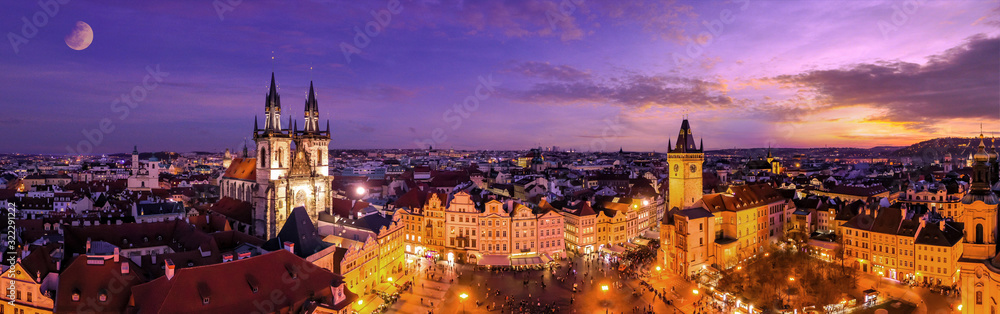 Aerial Panoramic View of The Old Town Square at night in Prague, Czech Republic