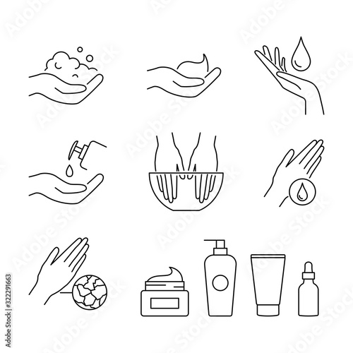 Hand care and treatment vector icons set line style