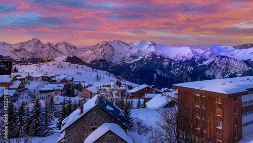 Evening Sunset At Ski Resort Village, Chamonix Mont-Blanc, Amazing Sky photo