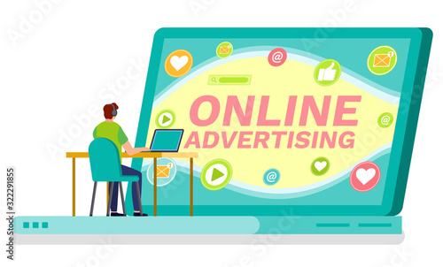 Online learning and advertising of man using computer. Male working with laptop wireless device for e-education and study. Person on workplace with pc monitor, like and news round icons vector