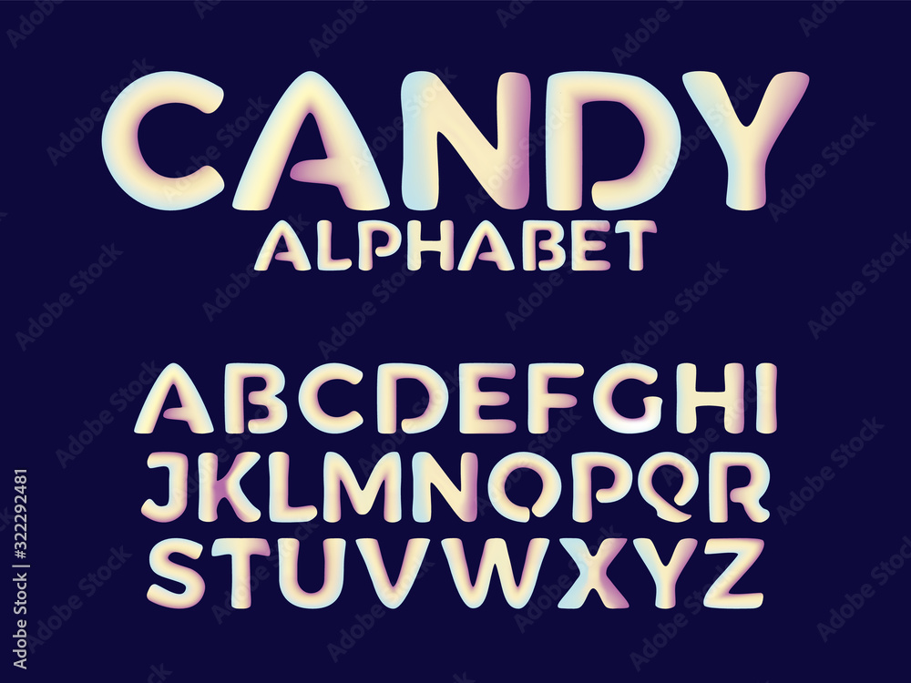 Font in pastel colors. Candy-like alphabet on a black background.