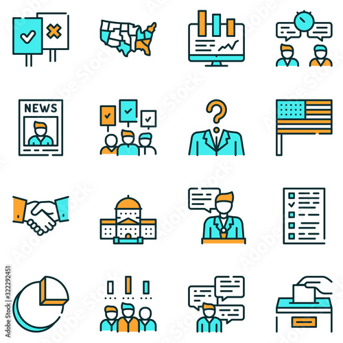 Election color linear vector icons set.