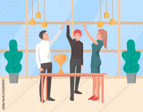 Group of people celebrating victory and giving a high five for great work.Good job, successful team,new achievement golden cup or reward, trophy vector