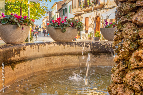 Macetas con flores rosas en una fuente pública del pueblo de Llucmajor, isla de Mallorca (España) photo