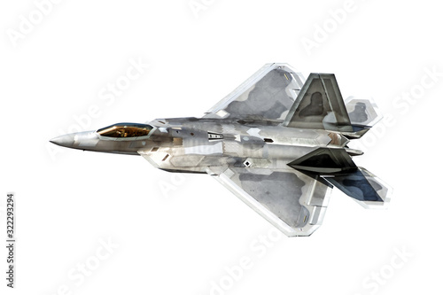modern military fighter jet aircraft isolated on white background. Aerial top down side view of stealth airplane of air force in flight. Reference of warplane for design