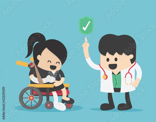businesswoman sits on a wheelchair and injured does not need to