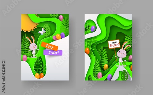 Set of easter banners. Bright paper cut layered background with funny rabbit, Easter eggs, stylized trees. Vector illustration A4 for website, poster, promotion, ad, coupon