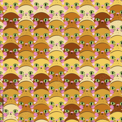 Cute kittens heads seamless vector tessellation pattern in warm mustard yellows. Childish surface print design. Great for fabircs, cards, wrapping paper and packaging. photo