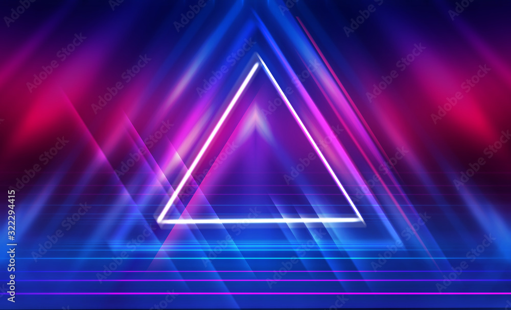 Dark abstract futuristic background. The geometric shape of a triangle in the middle of the scene. Neon blue-pink rays of light on a dark background