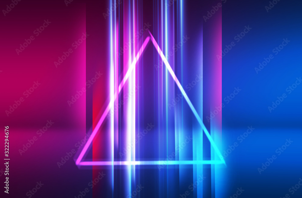 Dark abstract futuristic background. The geometric shape of a triangle in the middle of the scene. Neon blue-pink rays of light on a dark background Dark abstract futuristic background. The geometric shape of a triangle in the middle of the scene. Neon blue-pink rays of light on a dark background