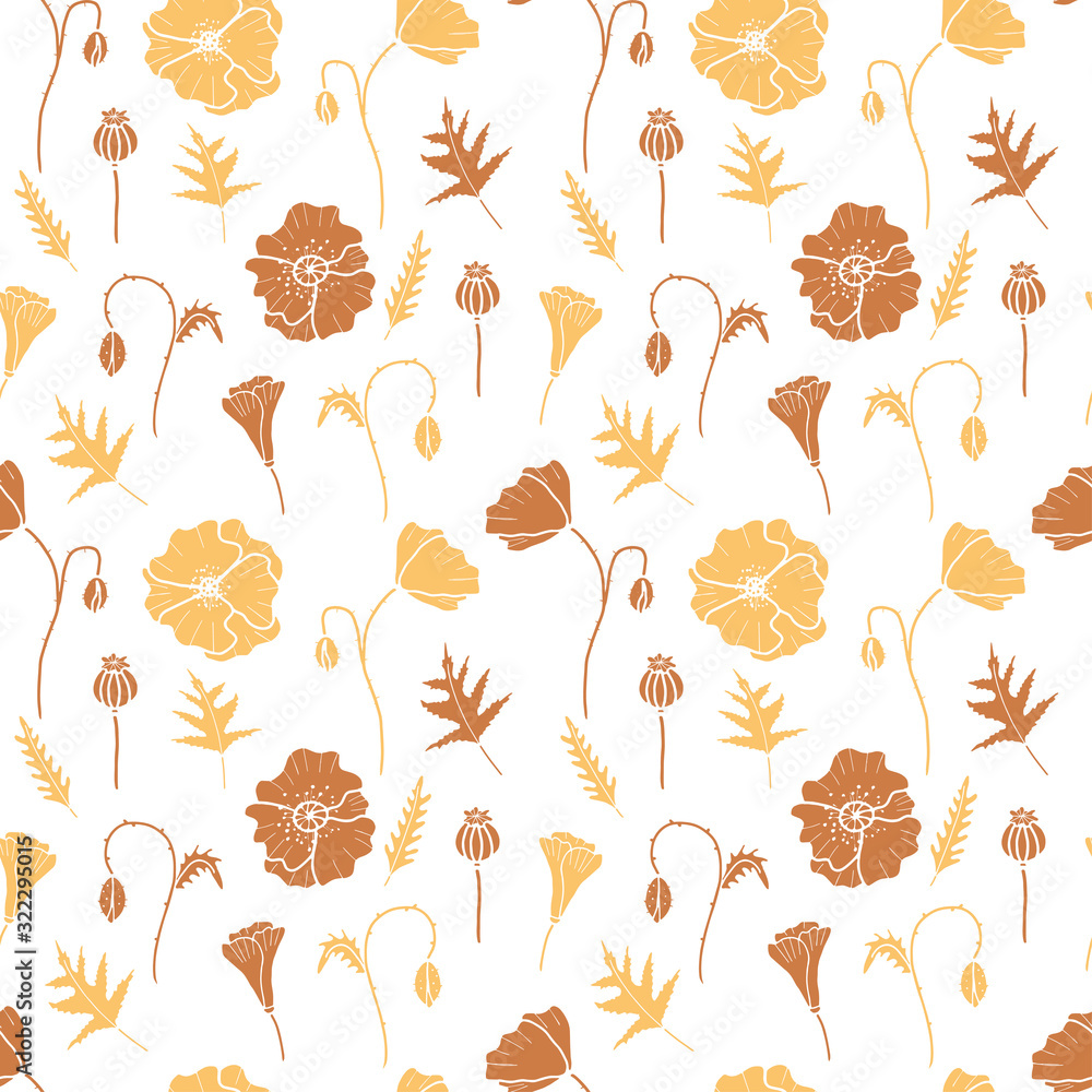 Seamless vector pattern with poppies flowers, leaves and poppy seeds. Hand drawn flower doodle pattern. Botanical print for fabric, textile, wrapping paper. Seamless vector pattern with poppies flowers, leaves and poppy seeds. Hand drawn flower doodle pattern. Botanical print for fabric, textile, wrapping paper.