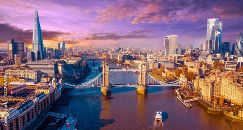 London Cityscape Tower Bridge Aerial Sunset, River Thames, England, United Kingdom