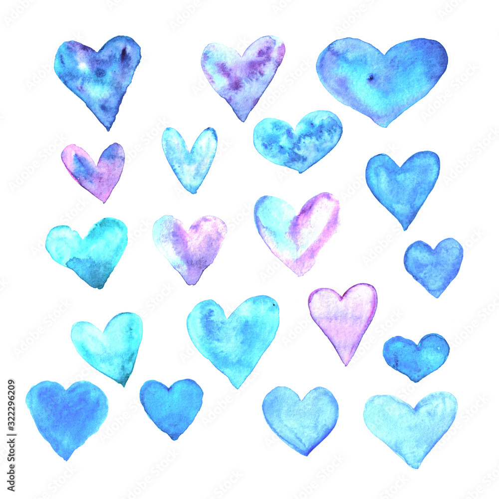 Set of blue watercolor hearts. Perfect for creating romantic postcards, backgrounds and Valentines Day decor. Hand drawn