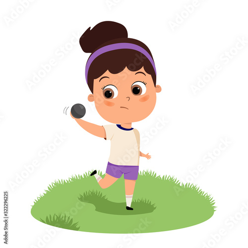 kid girl play shot put vector illustration. Cute girl running with ball