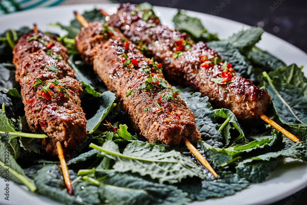 Juicy lamb kofta kebab of ground meat with spices