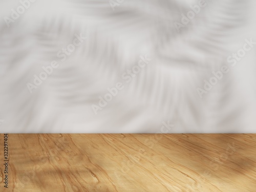 Fototapeta Naklejka Na Ścianę i Meble -  Yellow wood podium in white clean space with shadow of leaves. Product Presentation background. 3d rendering - illustration.