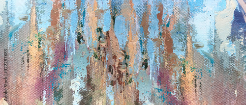 Abstract oil paint in impressionism style. Oil Painting  texture with smears. Horizontal banner. Fragment of artwork on canvas . Brushstrokes of paint. Modern art. Colorful background. Blue, brown