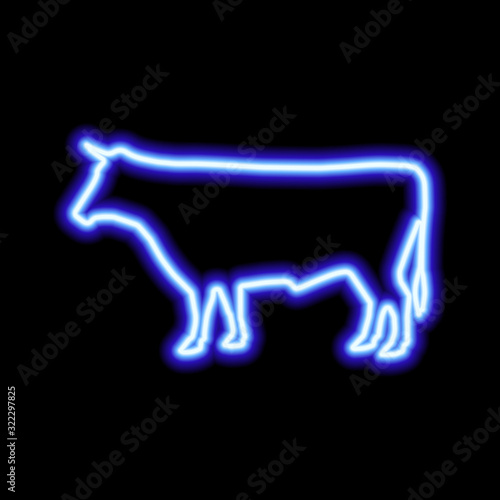 Blue neon sign of cow on black background. Vector illustration