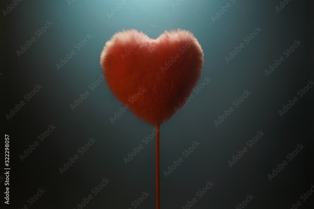 a fluffy red heart soaring in the air in the center of the frame, on a blue background armed with black vignette and bright light from above, Valentine's Day,