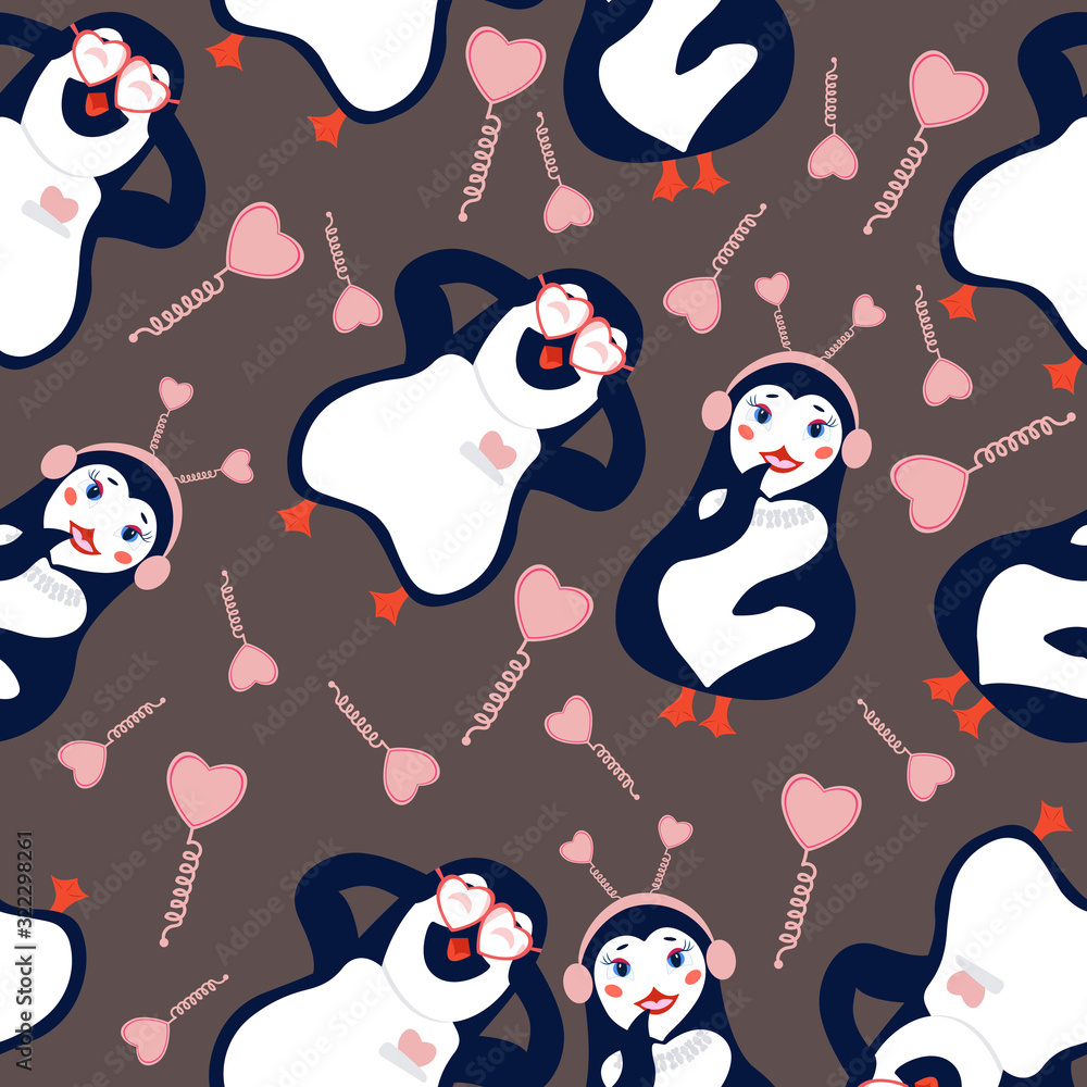 Obraz premium Vector illustration. Seamless vector pattern with cute cartoon penguins.A pair of young penguins in love with glasses in their hands and headphones on springs are standing and smiling.Trend flat
