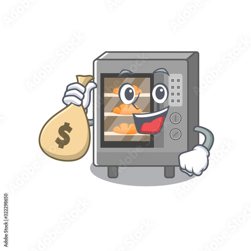 Rich and famous oven cake cartoon character holding money bag