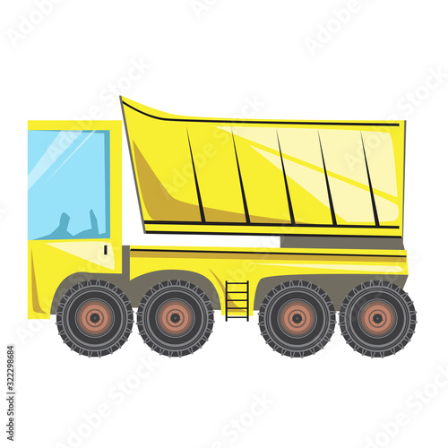 A truck with a bodywork isolated on a white background for design, a flat vector stock illustration with a single yellow heavy heavy construction machine as an industry concept