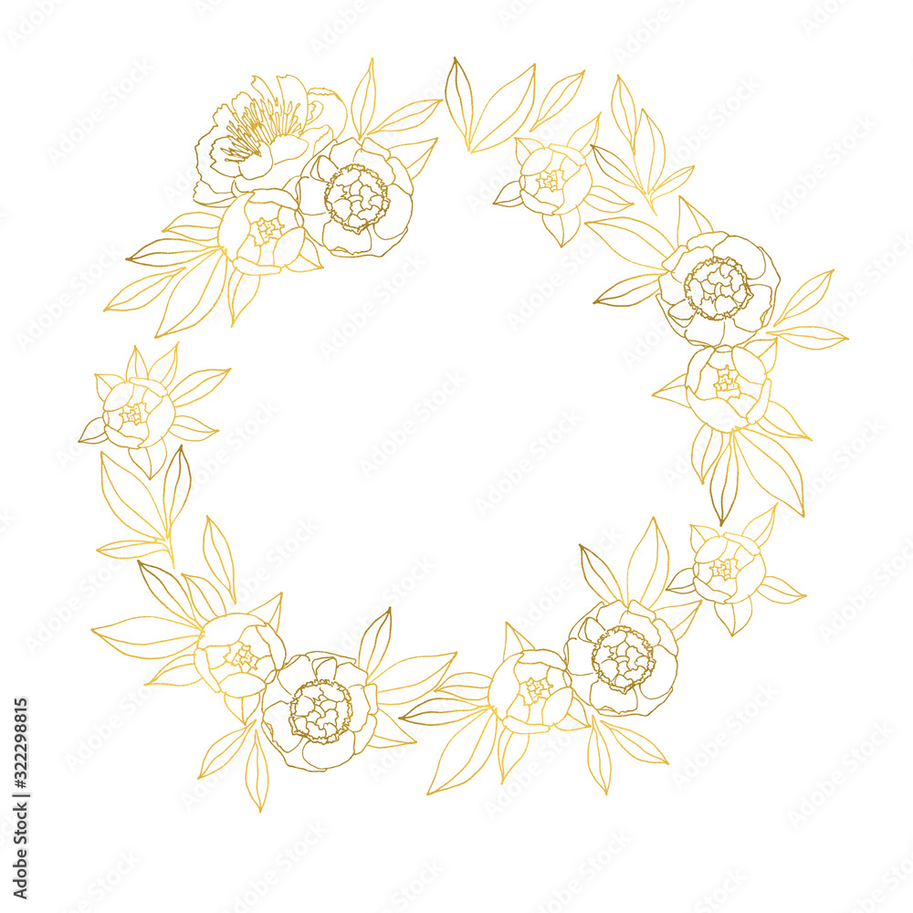 Round wreath of gold linear flowers and leaves Round wreath of gold linear flowers and leaves
