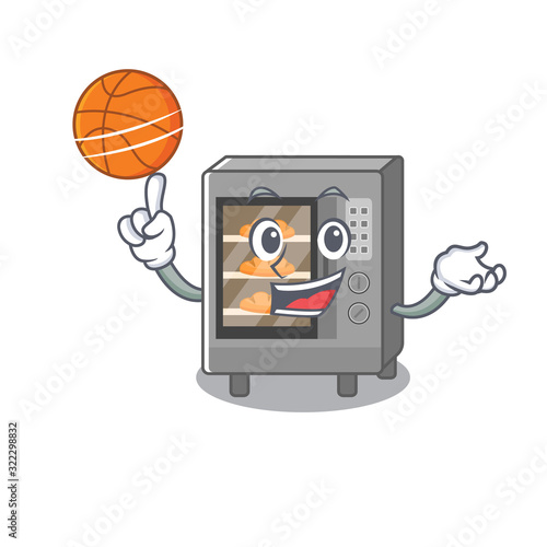 A mascot picture of oven cake cartoon character playing basketball