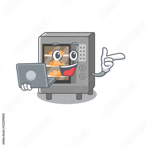 Cool character of oven cake working with laptop