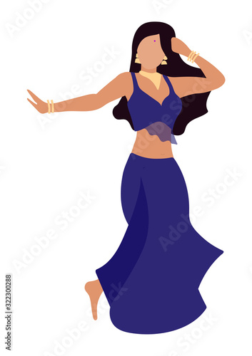 Vector illustration of an oriental girl dancing a belly dance in a traction costume. Blue dress and jewelry, black hair, flat style. Dance school design for logo, party or animation.