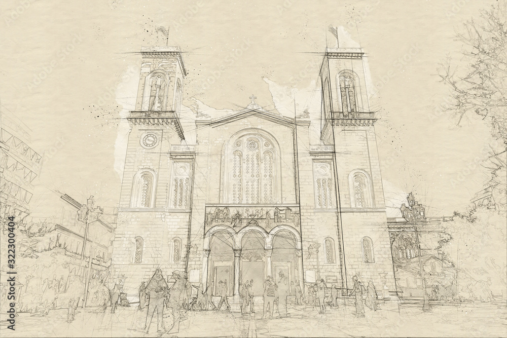 Sketch of main christian orthodox Metropolitan Cathedral of whole Greece in Athens
